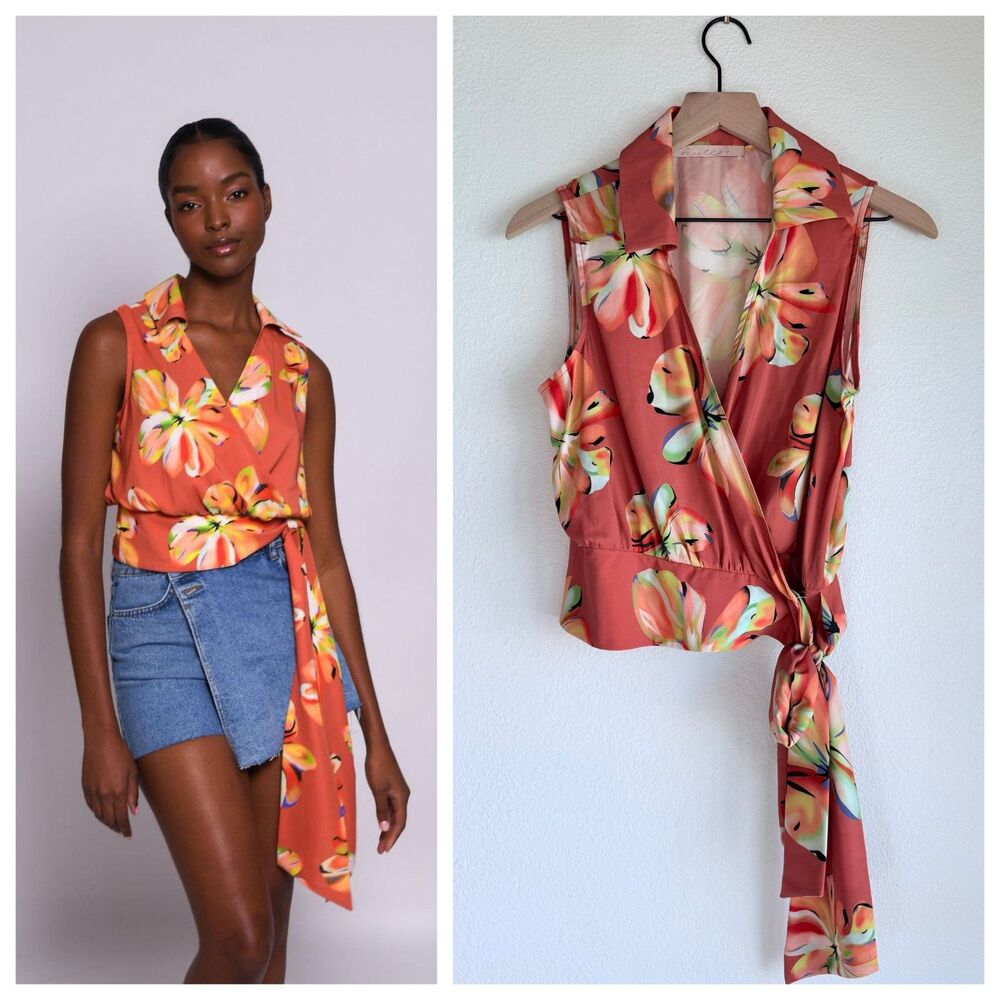 NEW Hutch Valen Sleeveless Tie Waist Wrap Top in Dark Coral Multi Floral Print S